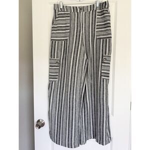 Cato Linen Blend Striped Wide Leg Cargo Pants Womens L Black White Coastal